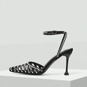 Black Glamorous Women's Rhinestone Buckle High Heel Shoes